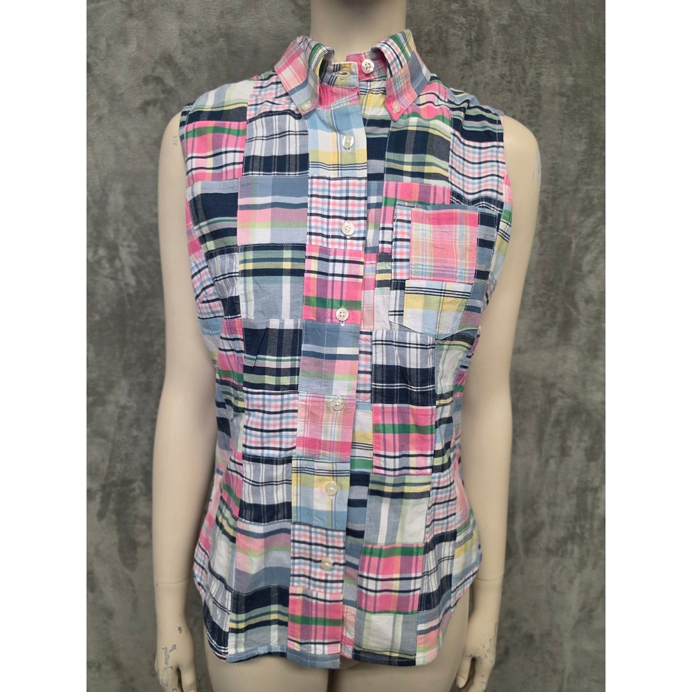 Brooks Brothers 346 Womens Preppy Shirt Patchwork Plaid Sleeveless Button Down